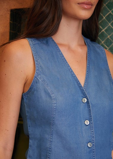 Threadbare Light Blue Leaf Chambray Denim Waistcoat