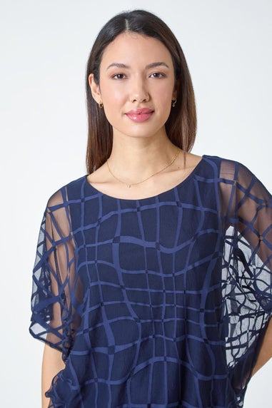 Roman Navy Abstract Check Print Blouson Top