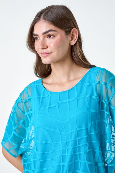 Roman Turquoise Abstract Check Print Blouson Top