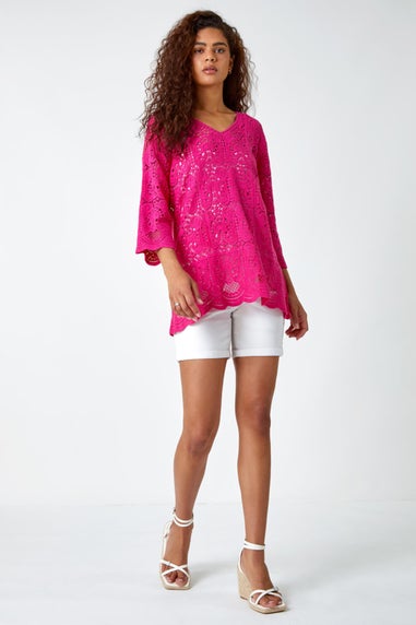 Roman Pink Cotton Crochet Tunic Top