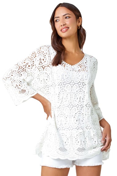 Roman White Cotton Crochet Tunic Top