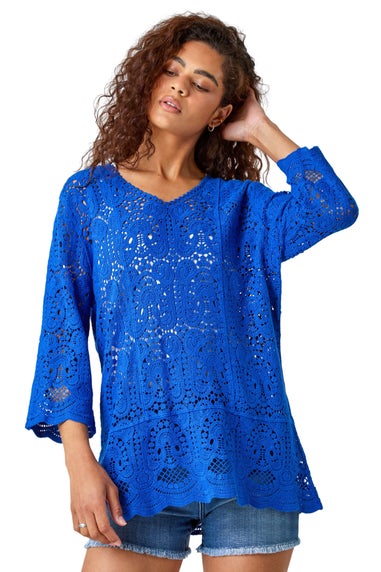 Roman Royal Blue Cotton Crochet Tunic Top Matalan