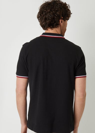 Threadbare Black Dorry Herringbone Tipping Cotton Pique Polo Shirt