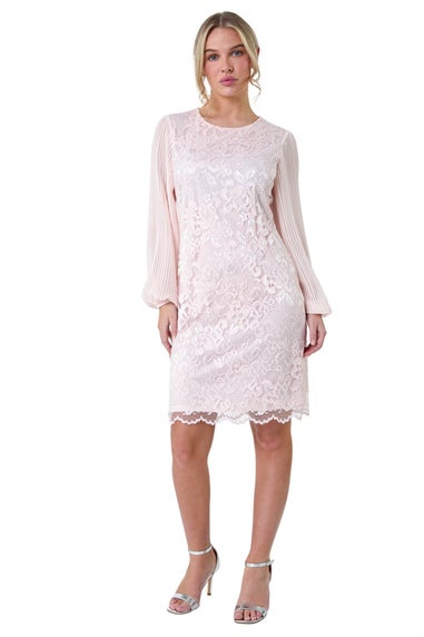 Roman Petite Light Pink Pleated Sleeve Lace Shift Dress