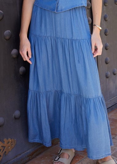 Threadbare Light Blue Seed Tiered Chambray Midi Skirt