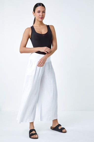 Roman White Linen Blend Stretch Waist Culottes