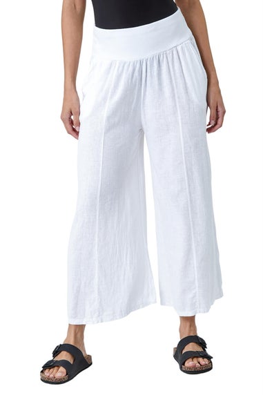 Roman White Linen Blend Stretch Waist Culottes