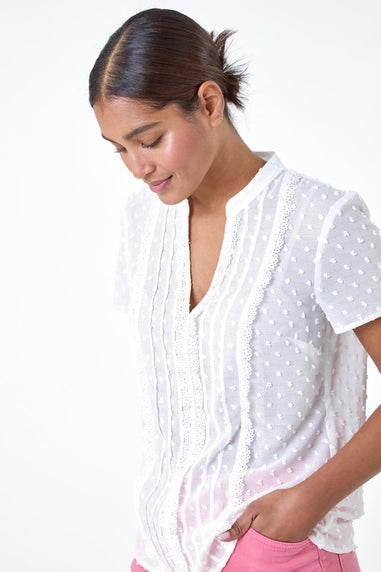 Roman Ivory Textured Spot Lace Trim Top