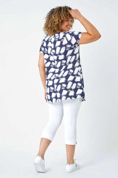 Roman Curve Navy Geometric Print Stretch Bardot Top