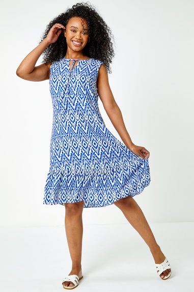 Roman Petite Blue Petite Aztec Print Frill Hem Shift Dress