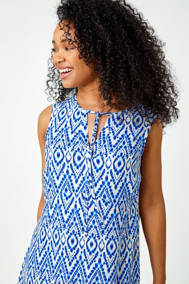 Roman Petite Blue Petite Aztec Print Frill Hem Shift Dress