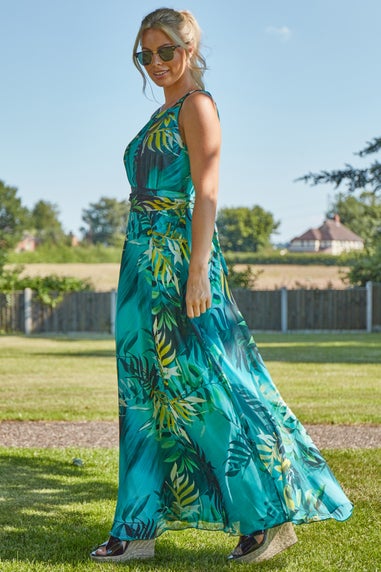 Roman Aqua Tropical Print Maxi Dress