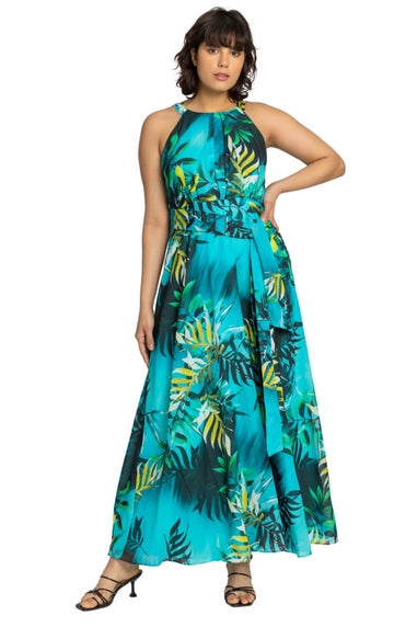 Roman Aqua Tropical Print Maxi Dress