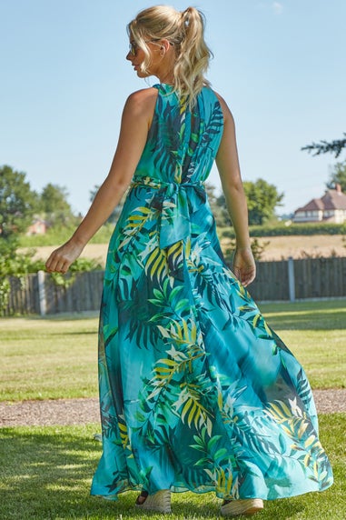 Roman Aqua Tropical Print Maxi Dress
