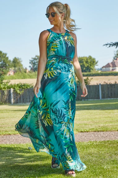 Roman Aqua Tropical Print Maxi Dress