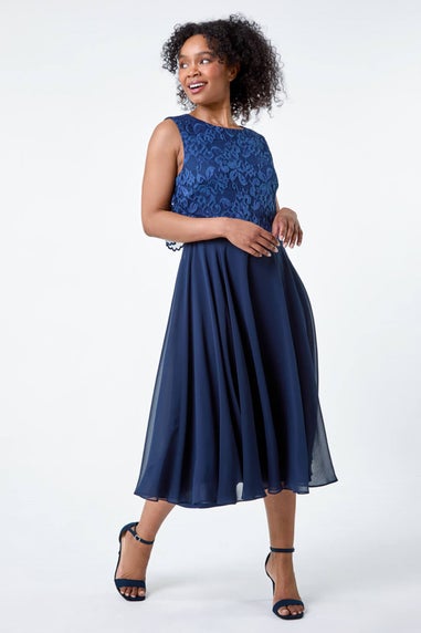 Roman Petite Navy Lace Overlay Midi Dress