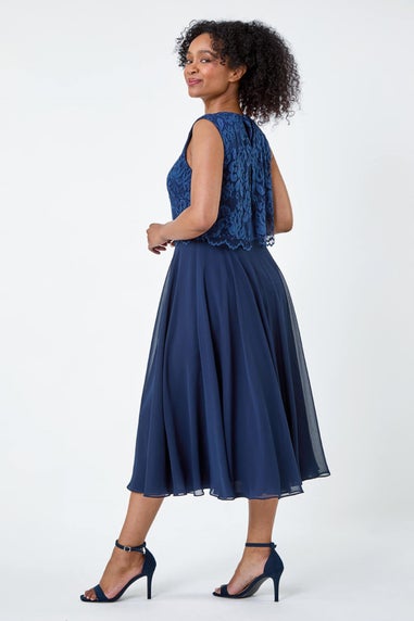 Roman Petite Navy Lace Overlay Midi Dress