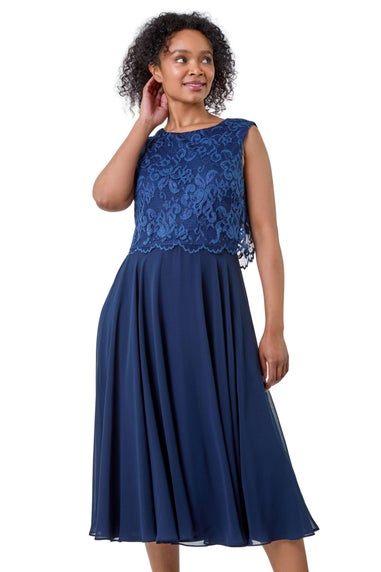 Roman Petite Navy Lace Overlay Midi Dress