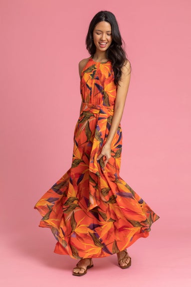 Roman Orange Floral Print Tie Waist Chiffon Maxi Dress