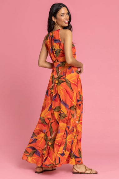 Roman Orange Floral Print Tie Waist Chiffon Maxi Dress