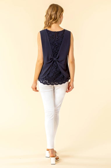 Roman Navy Lace Back Pleat Detail Chiffon Top