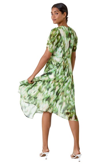 Roman Green Abstract Chiffon Hanky Hem Asymmetric Dress