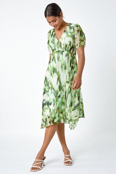 Roman Green Abstract Chiffon Hanky Hem Asymmetric Dress