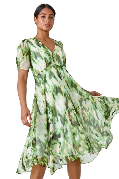 Roman Green Abstract Chiffon Hanky Hem Asymmetric Dress