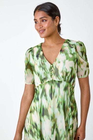 Roman Green Abstract Chiffon Hanky Hem Asymmetric Dress