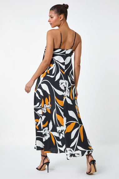 Roman Orange Floral Border Print Strappy Trapeze Dress