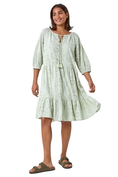 Roman Sage Cotton Broderie Tiered Smock Dress