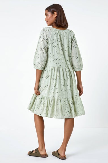 Roman Sage Cotton Broderie Tiered Smock Dress