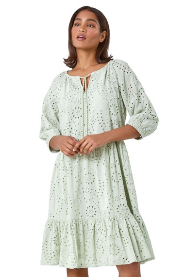 Roman Sage Cotton Broderie Tiered Smock Dress