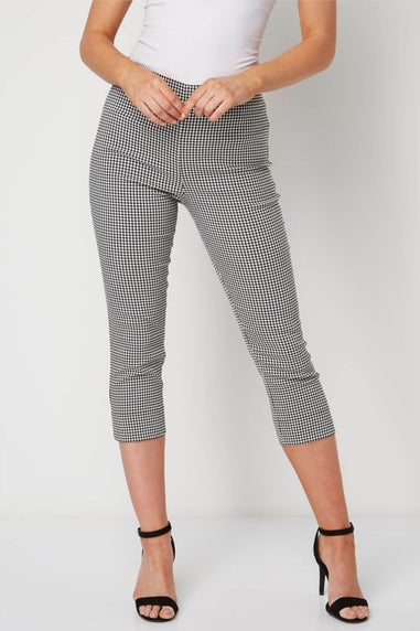 Roman Black Gingham Elastic Waist Stretch Cropped Trouser