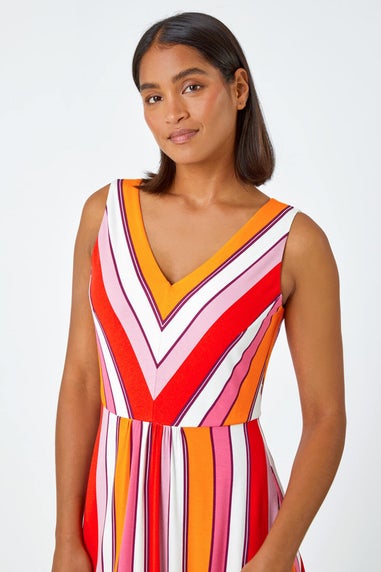 Roman Red Sleeveless Stripe Print Midi Stretch Dress