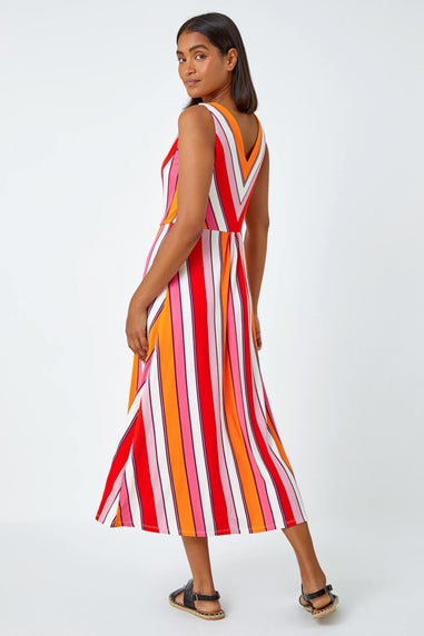 Roman Red Sleeveless Stripe Print Midi Stretch Dress