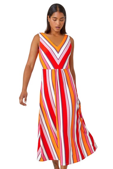 Roman Red Sleeveless Stripe Print Midi Stretch Dress