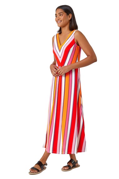 Roman Red Sleeveless Stripe Print Midi Stretch Dress