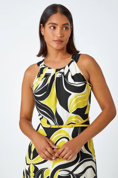 Roman Lime Abstract Print Halter Neck Maxi Dress