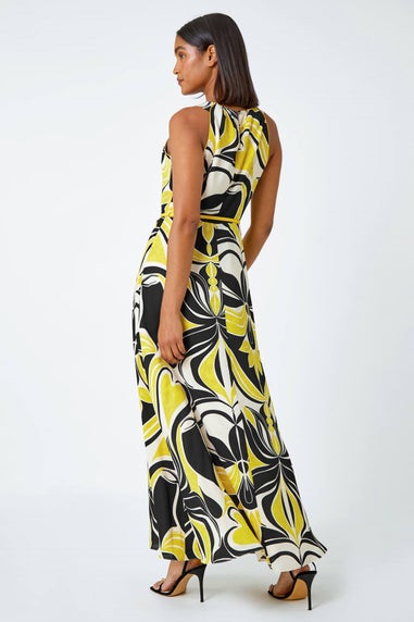 Roman Lime Abstract Print Halter Neck Maxi Dress