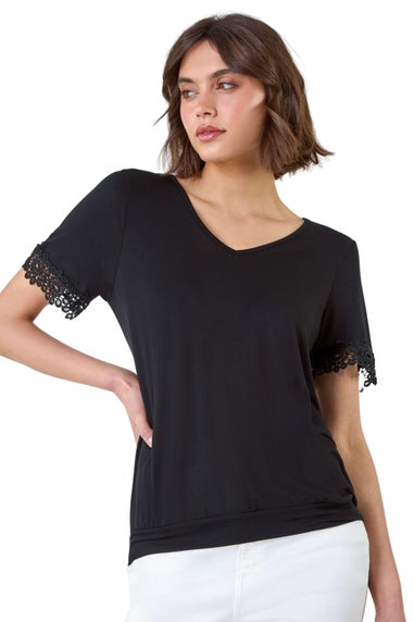 Roman Black Lace Trim Stretch Jersey T-Shirt