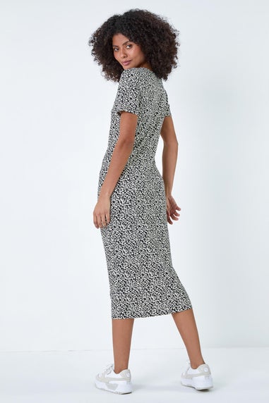 Roman Dusk Black Leopard Print Midi Stretch Dress