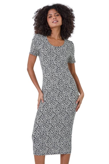 Roman Dusk Black Leopard Print Midi Stretch Dress