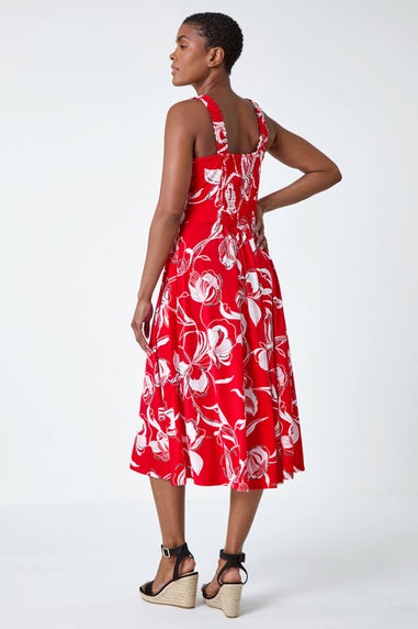 Roman Red Textured Floral Print Midi Stretch Dress