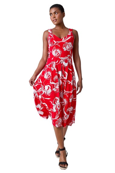 Roman Red Textured Floral Print Midi Stretch Dress