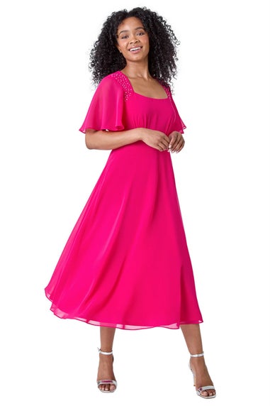 Roman Petite Pink Shimmer Pleated Chiffon Midi Dress