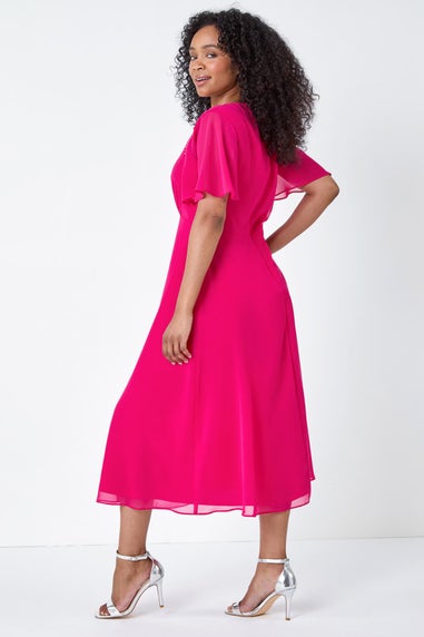 Roman Petite Pink Shimmer Pleated Chiffon Midi Dress