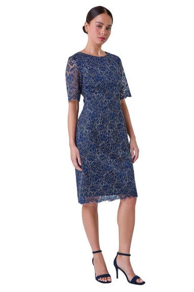 Roman Petite Navy Lace Overlay Shift Dress