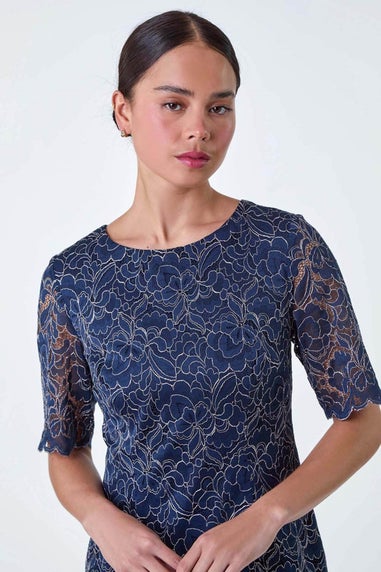 Roman Petite Navy Lace Overlay Shift Dress