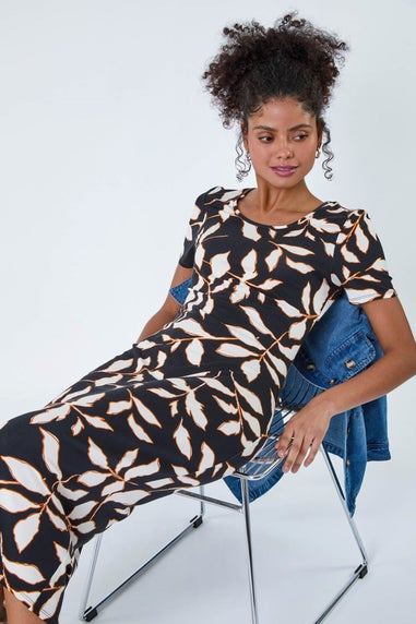 Roman Dusk Black Leaf Print Midi Stretch Dress